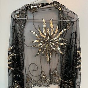 Beaded fringed sheer black shawl/wrap